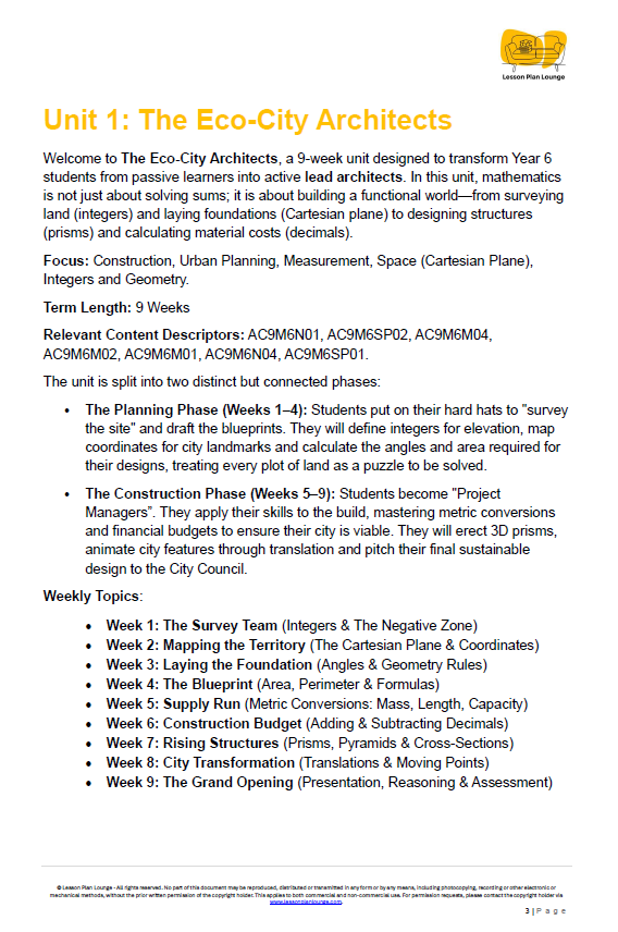 Educational unit on 'The Eco-City Architects' for Year 6 students with topics and objectives listed.