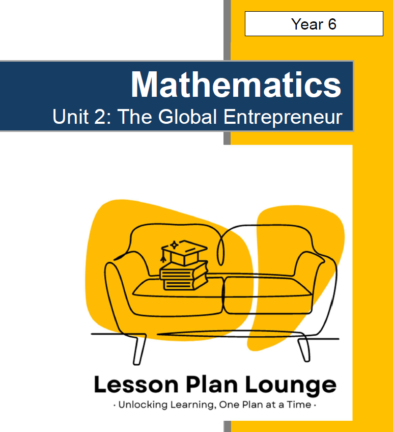 Lesson Plan cover of 'Mathematics Unit 2: The Global Entrepreneur' by Lesson Plan Lounge with a yellow couch and books illustration.