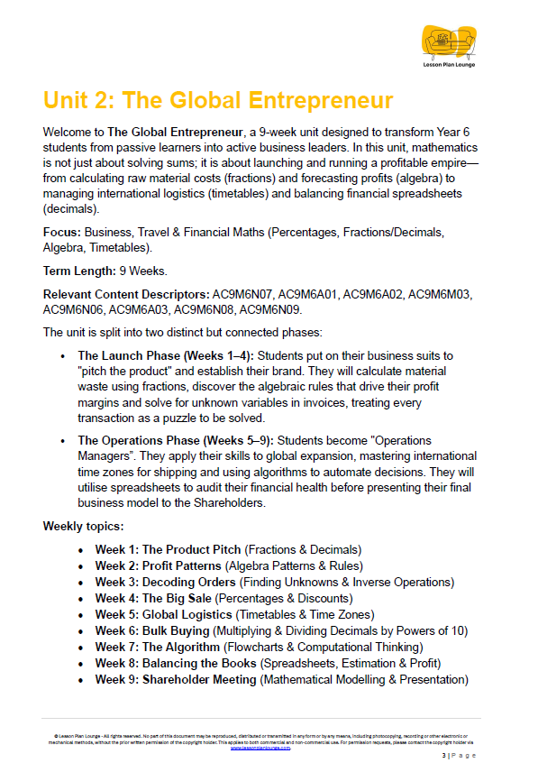 Unit 2: The Global Entrepreneur educational document with text and logo