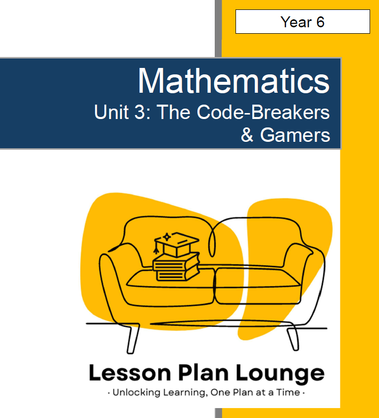 Cover of a mathematics lesson plan book titled 'The Code-Breakers & Gamers' from Lesson Plan Lounge.