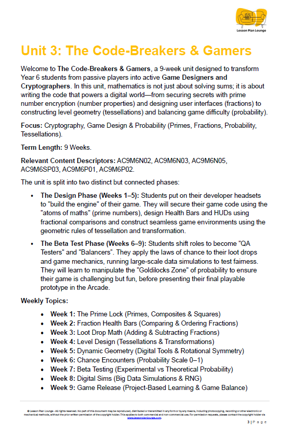 Educational unit plan for Year 6 students titled 'The Code-Breakers & Gamers' with topics on cryptography, game design, and probability.