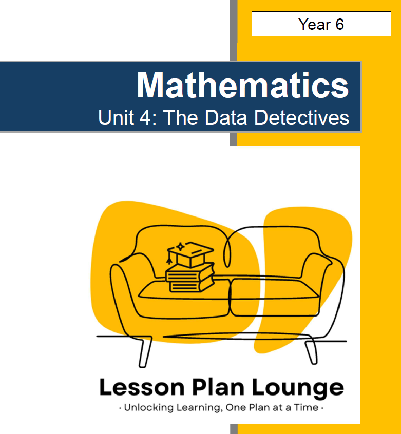 Lesson Plan cover of 'Mathematics Unit 4: The Data Detectives' by Lesson Plan Lounge with a yellow couch and books illustration.