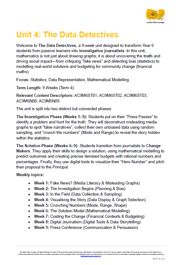Unit 4: The Data Detectives educational document with text and a logo on a white background