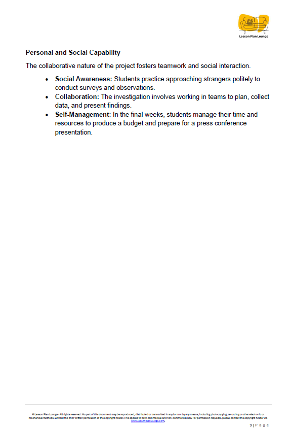 Document on Personal and Social Capability with text about teamwork and social interaction. Lesson Plan Lounge.