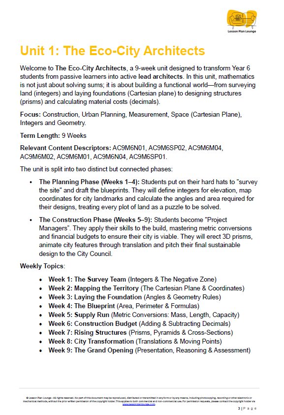 Educational unit on 'The Eco-City Architects' with topics and objectives listed.