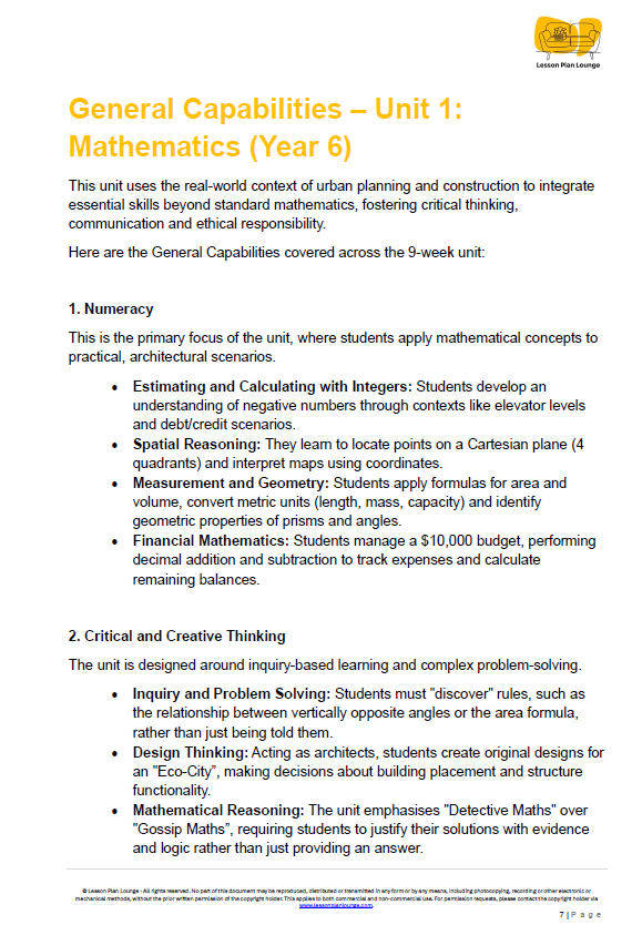 Educational document detailing General Capabilities Unit 1: Mathematics for Year 6 students, focusing on numeracy and critical thinking.