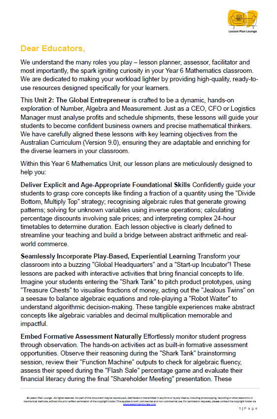 Educational document about a Year 6 Mathematics unit on 'The Global Entrepreneur' for teachers.