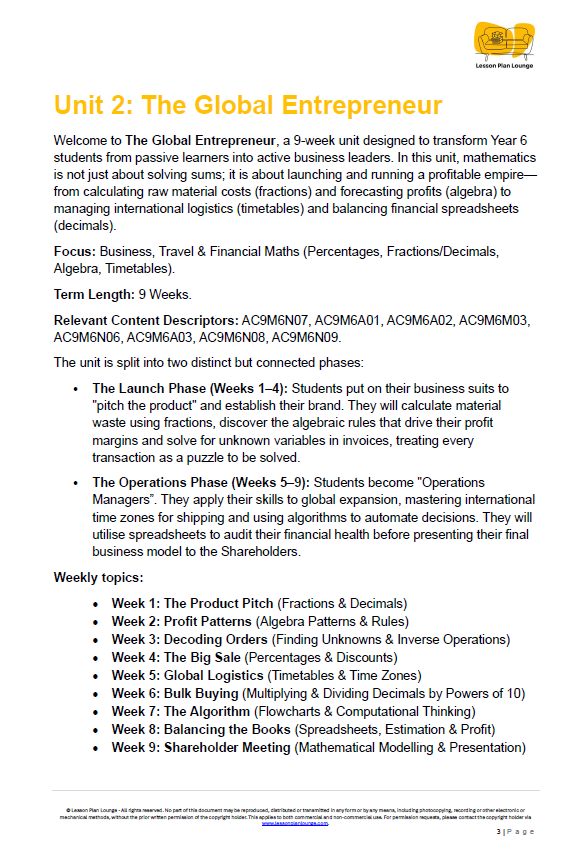 Unit 2: The Global Entrepreneur educational document with text and a logo at the top.