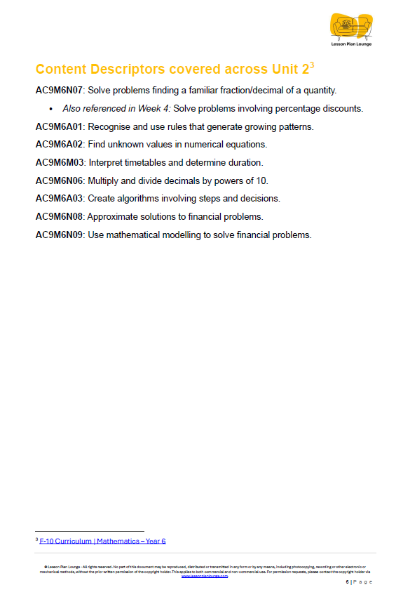 Educational content descriptors on a white background, for Mathematics Year 6, covered across the lesson plans.