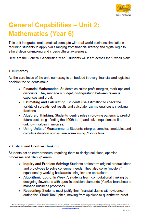 Educational document on General Capabilities - Unit 2: Mathematics for Year 6 students, with text and logos.