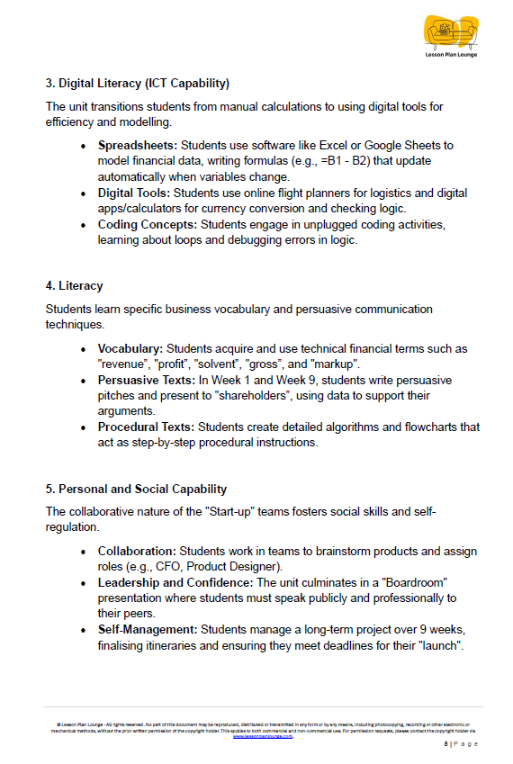 Educational document detailing digital literacy, literacy, and personal/social capability in a structured format.