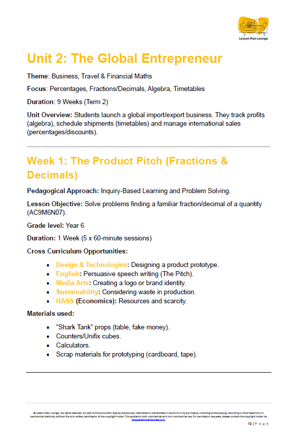 Educational worksheet for Unit 2: The Global Entrepreneur with details on a product pitch lesson.