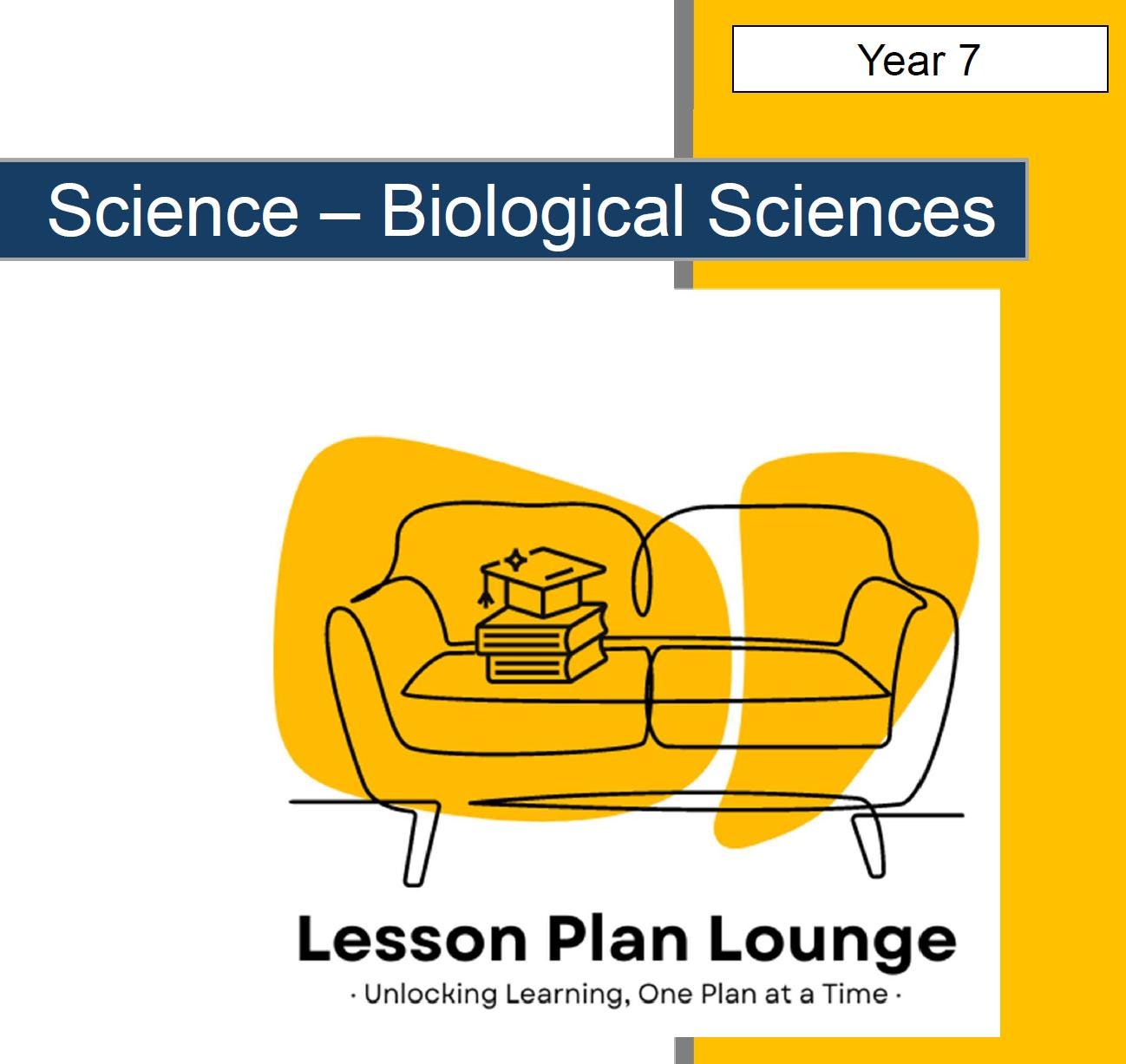 Cover of a science lesson plan book titled 'Science - Biological Sciences' for Year 7, featuring a yellow couch with books and a graduation cap on it.