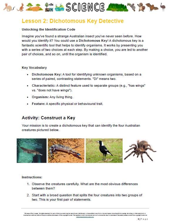 Science lesson worksheet on dichotomous key detective with images of Australian creatures.