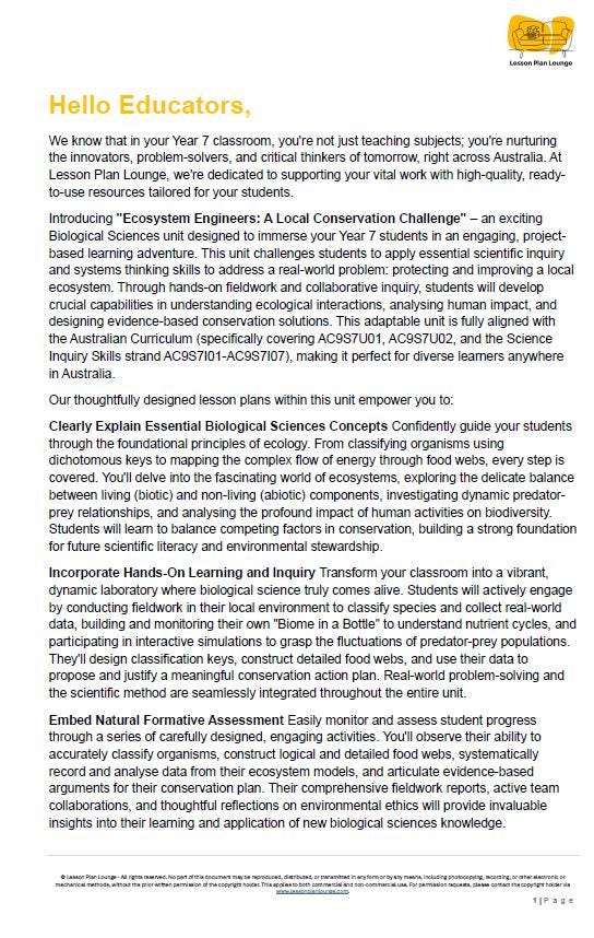 Educational flyer for 'Ecosystem Engineers: A Local Conservation Challenge' program targeting Year 7 students.