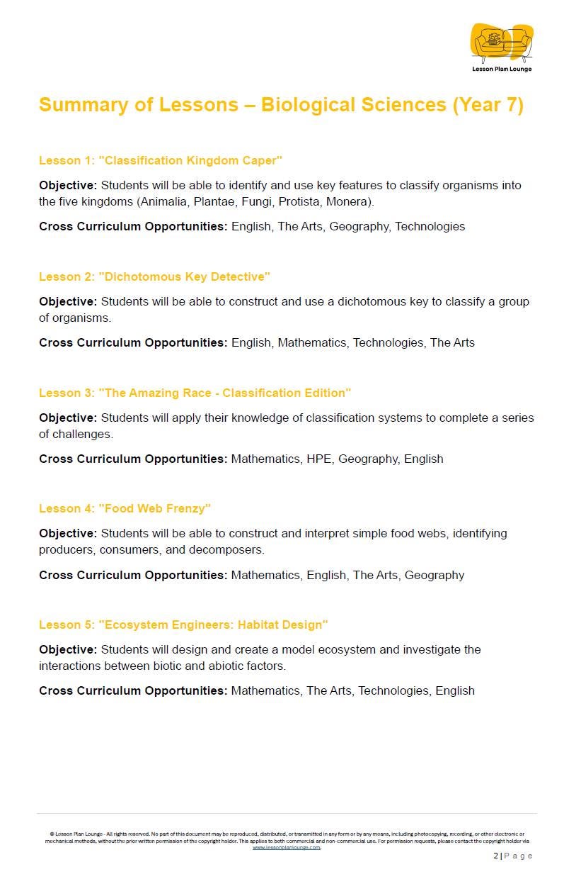 Summary of lessons for biological sciences in Year 7 with objectives and cross-curricular opportunities listed.
