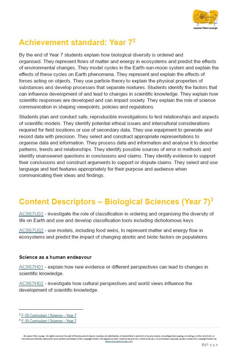Educational document detailing achievement standards and content descriptors for biological sciences in Year 7.