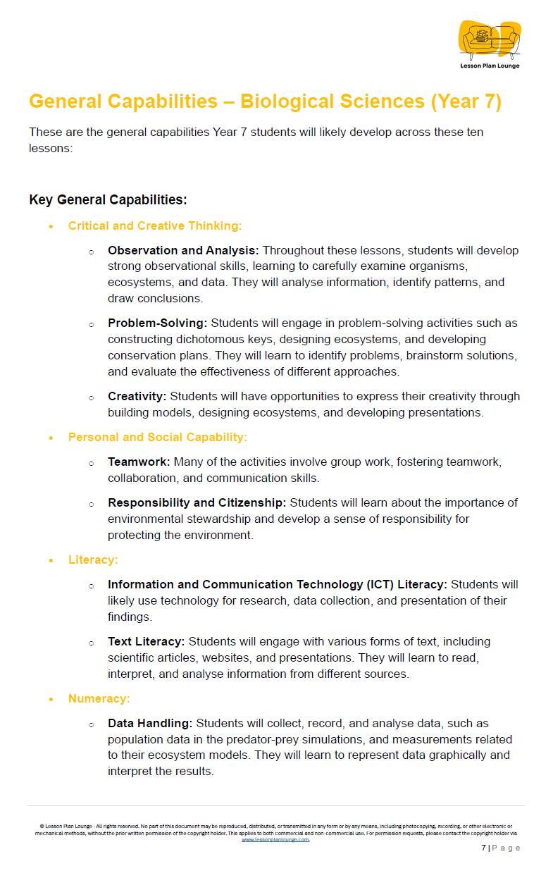 Sheet of paper with text on general capabilities for Year 7 biological sciences, featuring a logo at the top right corner.