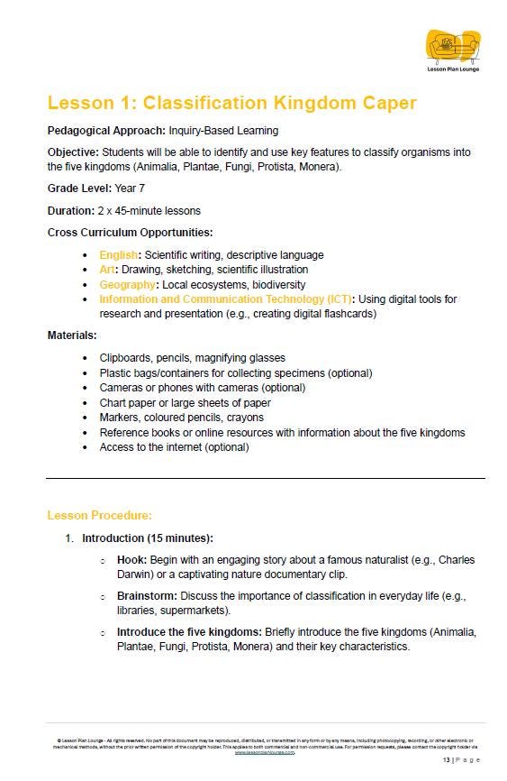 Lesson plan for Classifying Kingdoms with educational objectives and materials.
