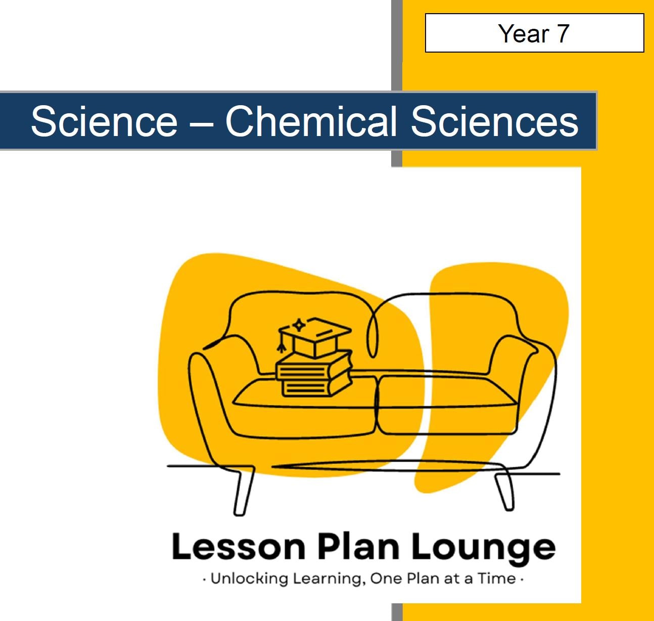 Cover of 'Science - Chemical Sciences' lesson plan book for Year 7 with a yellow couch and books illustration.