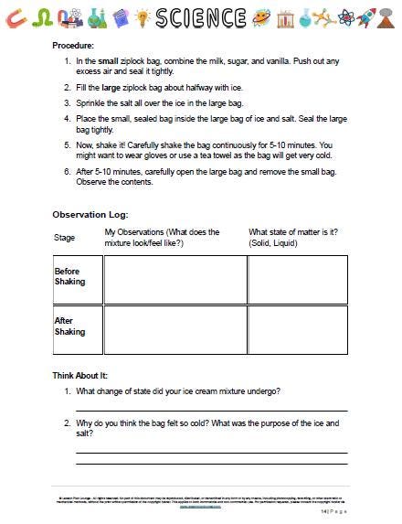 Science worksheet with ice cream experiment procedure, observation log, and questions.