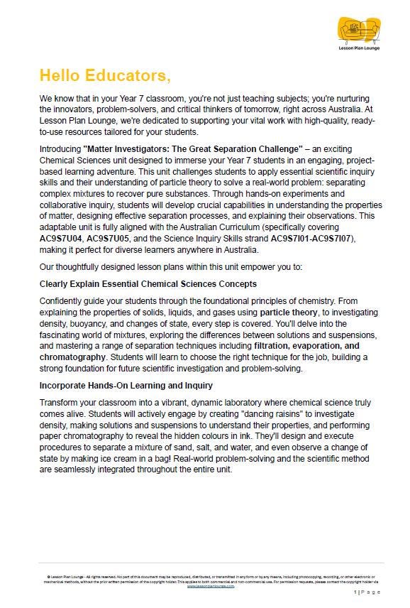 Educational letter to educators about a chemistry unit titled 'The Great Separation Challenge'.