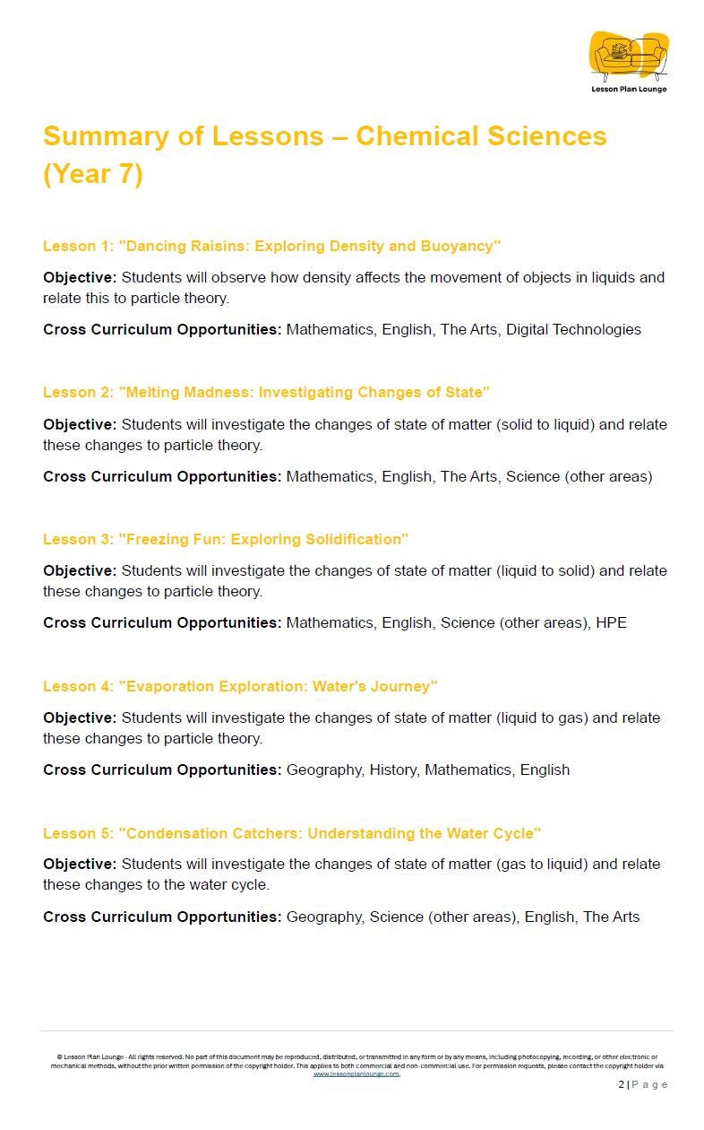 Summary of lessons for Year 7 Chemical Sciences on a white background