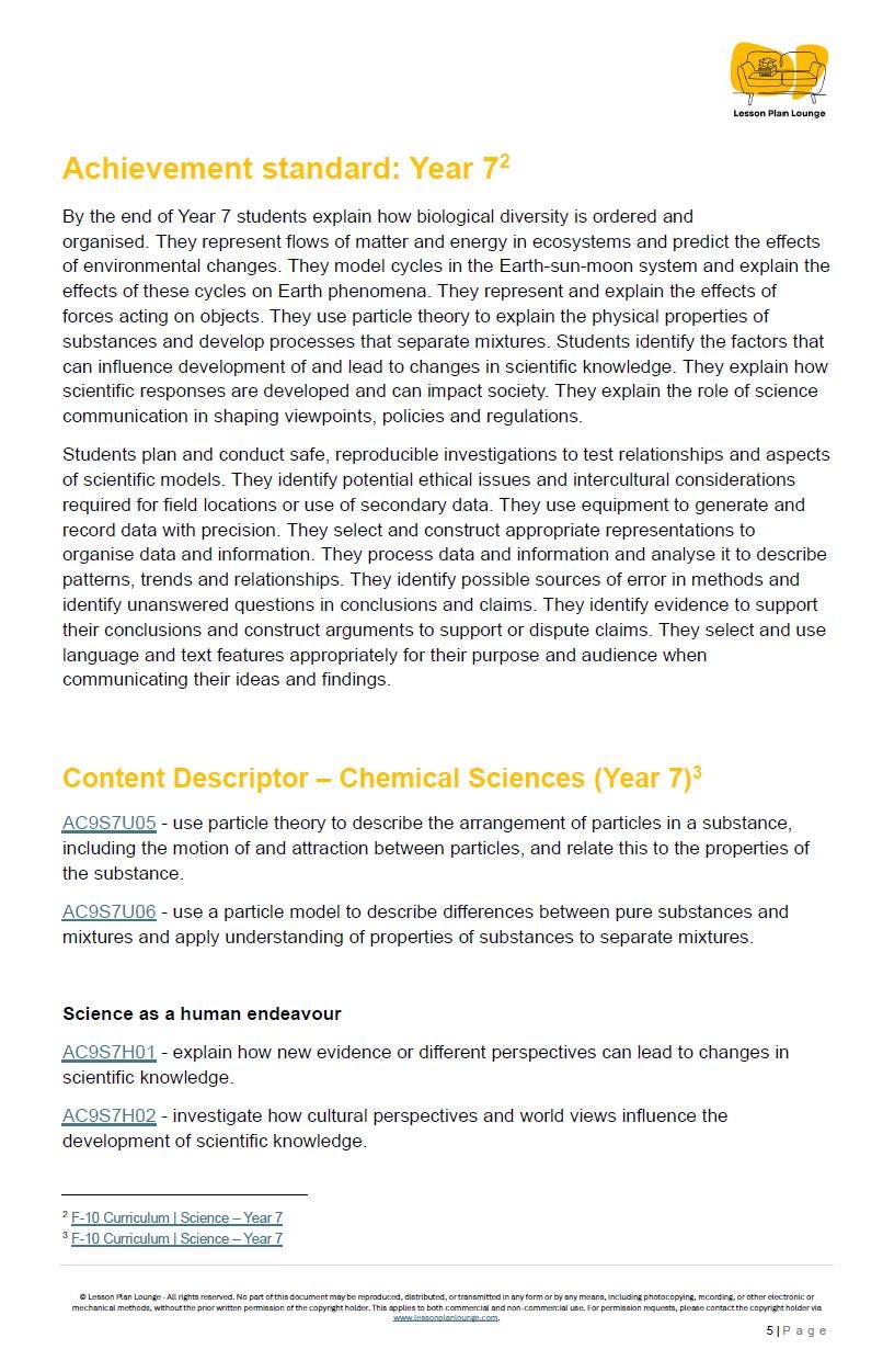 Educational document detailing science achievement standards and content descriptors for Year 7 students.