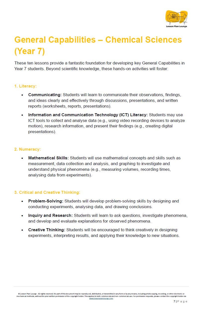 Sheet of paper with text on General Capabilities - Chemical Sciences for Year 7 students, featuring a logo at the top right corner.
