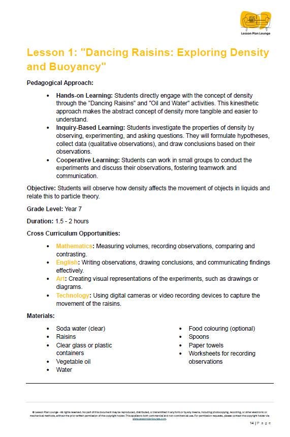 Educational lesson plan titled 'Dancing Raisins: Exploring Density and Buoyancy' with text and a logo.