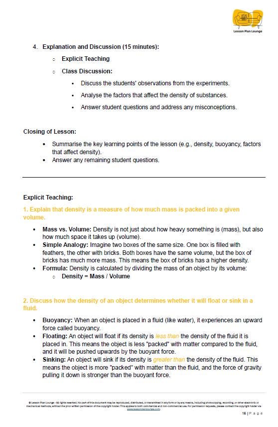Educational document with text on explanation and discussion for a lesson on density and buoyancy.