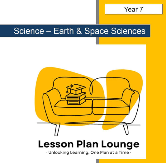 Lesson plan cover for Year 7 Science - Earth & Space Sciences with a yellow couch and books illustration.