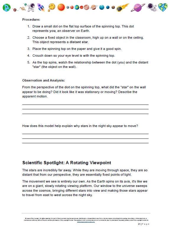 Educational worksheet on spinning top model for understanding apparent motion of stars