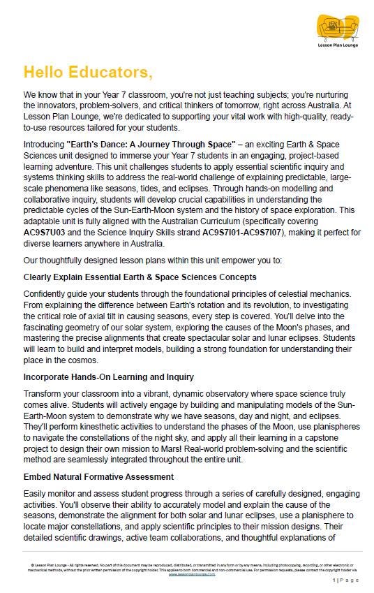 Educational flyer for a space science curriculum designed for Year 7 students, featuring text and a logo.