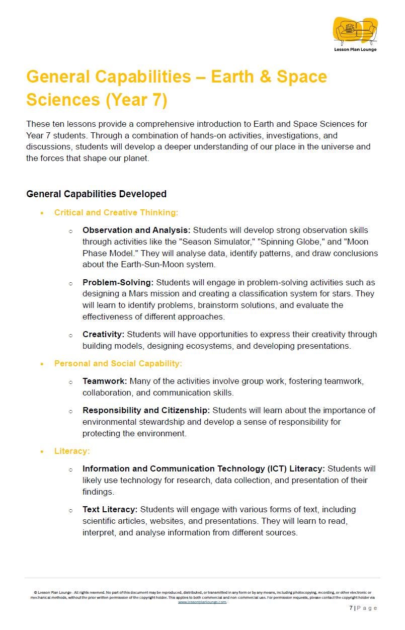 Educational document about Earth and Space Sciences for Year 7 students, detailing general capabilities developed.