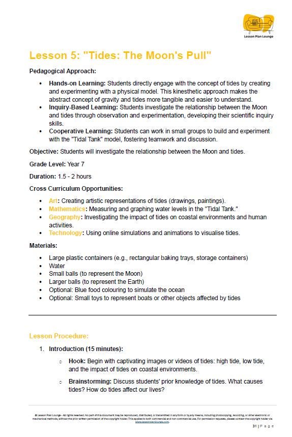 Educational lesson plan titled 'Tides: The Moon's Pull' with text and logos.