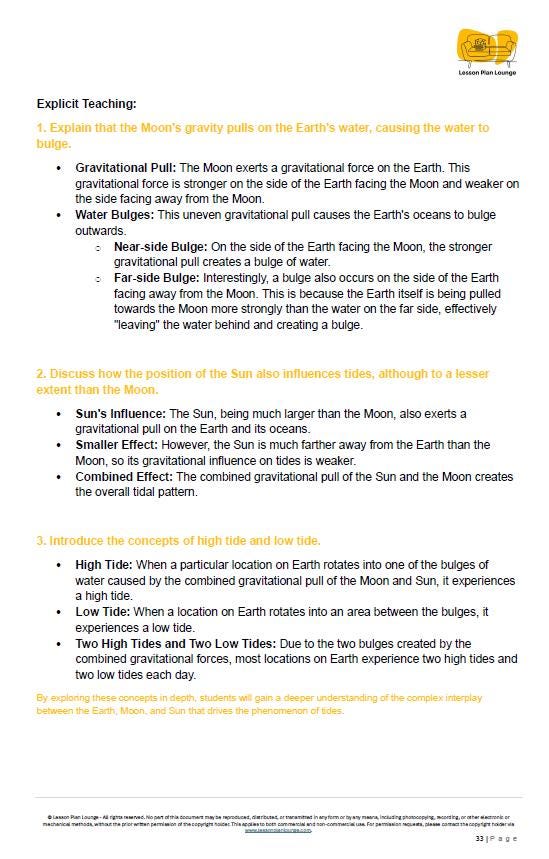 Educational document explaining gravitational forces of the Moon and Sun on Earth's tides.