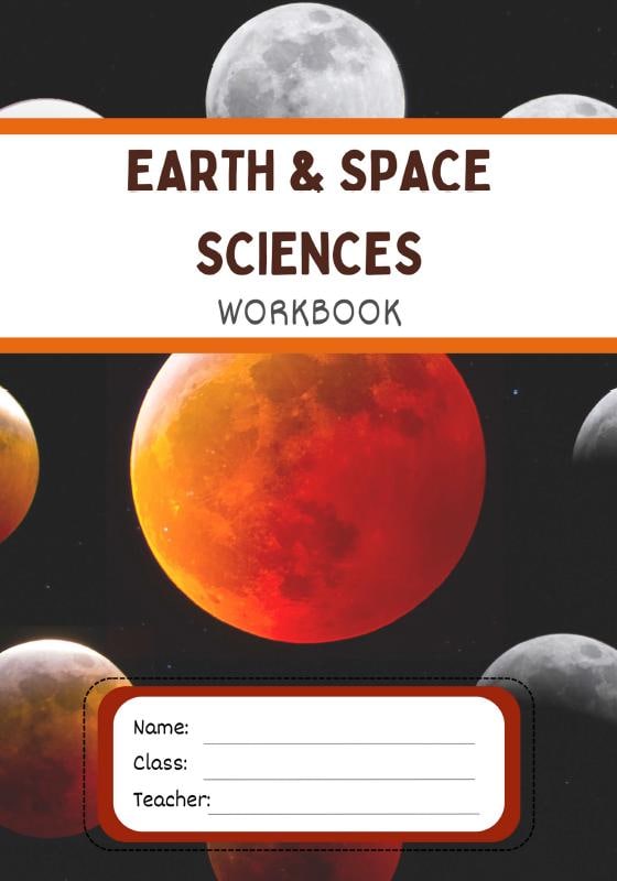 Workbook cover for Earth and Space Sciences with celestial images on a black background