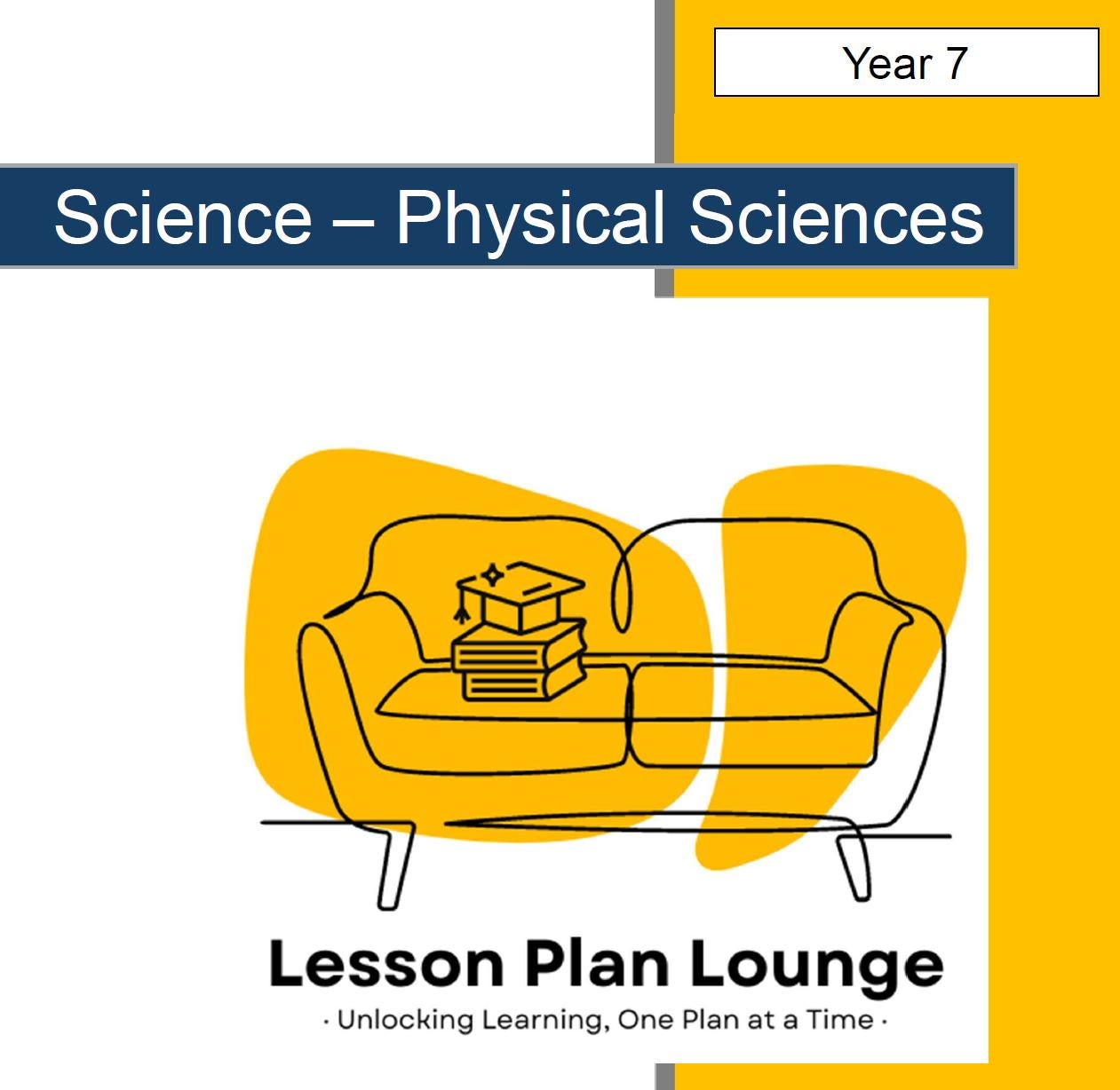 Cover of 'Science - Physical Sciences' lesson plan book for Year 7 with a yellow couch and books illustration.