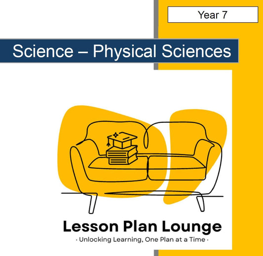 Cover of 'Science - Physical Sciences' lesson plan book for Year 7 with a yellow couch and books illustration.