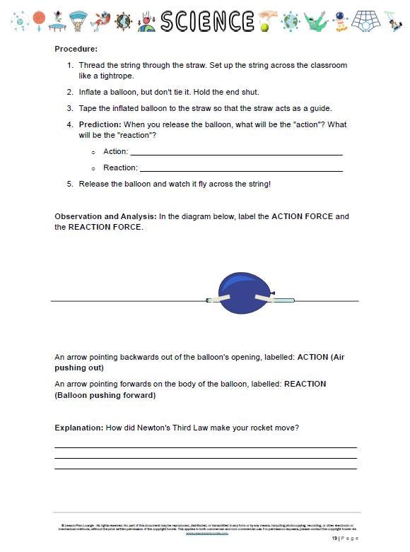 Science worksheet with instructions on setting up a balloon and straw experiment, labeled action and reaction forces, and space for observation and analysis.