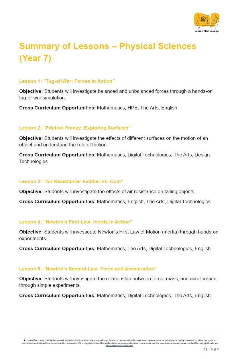 Summary of Lessons for Physical Sciences Year 7 on a white background