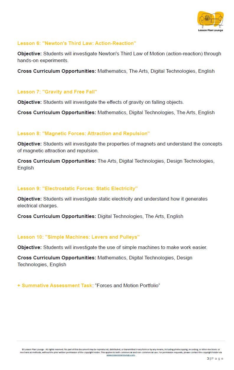 Educational document listing science lessons with objectives and cross-curricular opportunities.