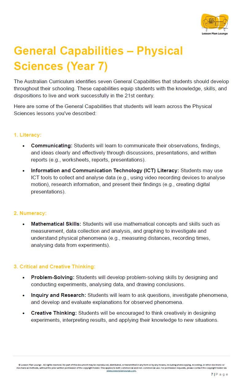 Sheet of paper with text on General Capabilities in Physical Sciences for Year 7 students, featuring the Australian Curriculum logo.
