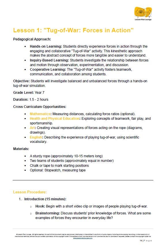 Educational lesson plan for 'Tug-of-War: Forces in Action' with pedagogical approach, objectives, and materials listed.
