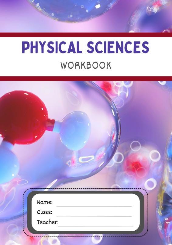 Workbook cover for Physical Sciences with molecular model design on a purple background