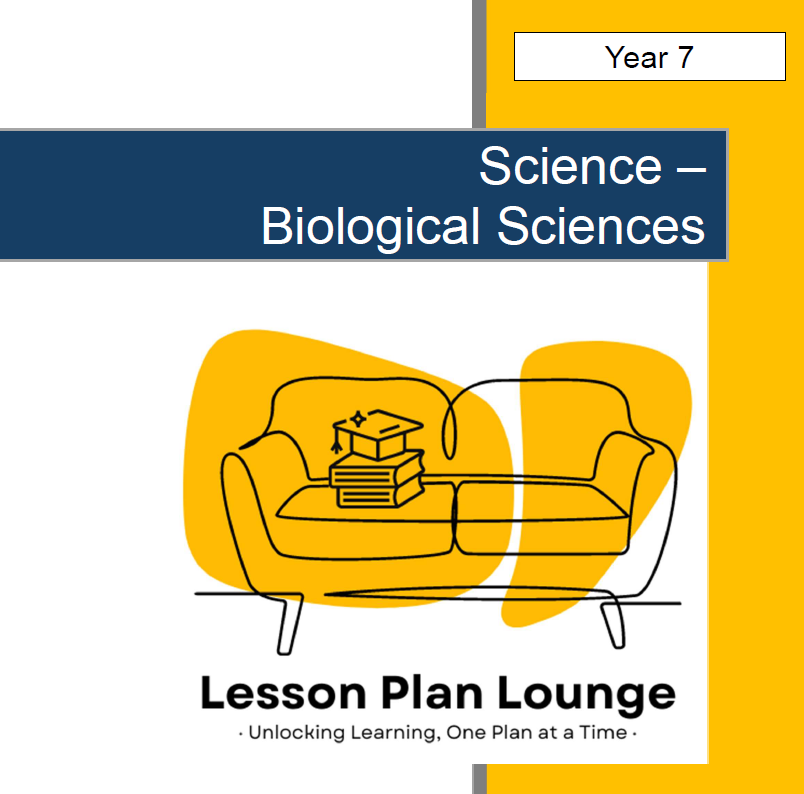 Cover of a science lesson plan resource with a yellow couch and books on a white background.