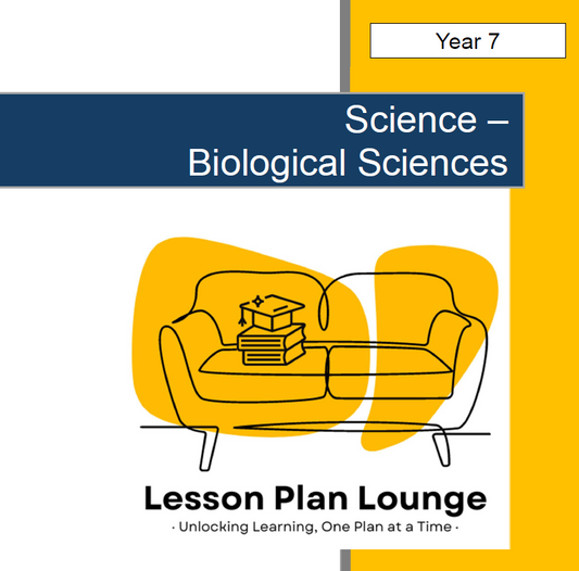 Cover of a science lesson plan resource with a yellow couch and books on a white background.