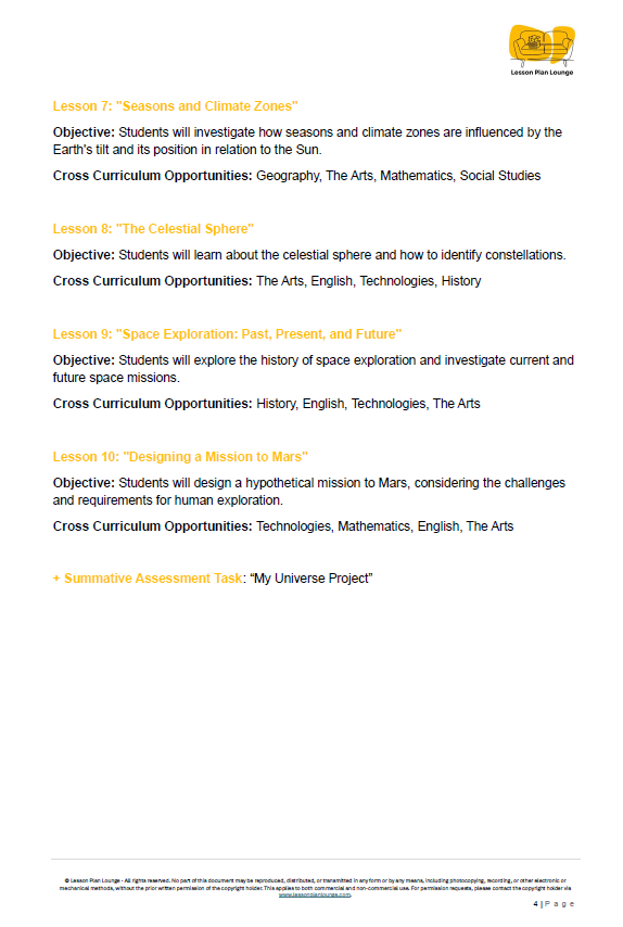 Educational lesson plan with objectives and cross-curricular opportunities on a white background