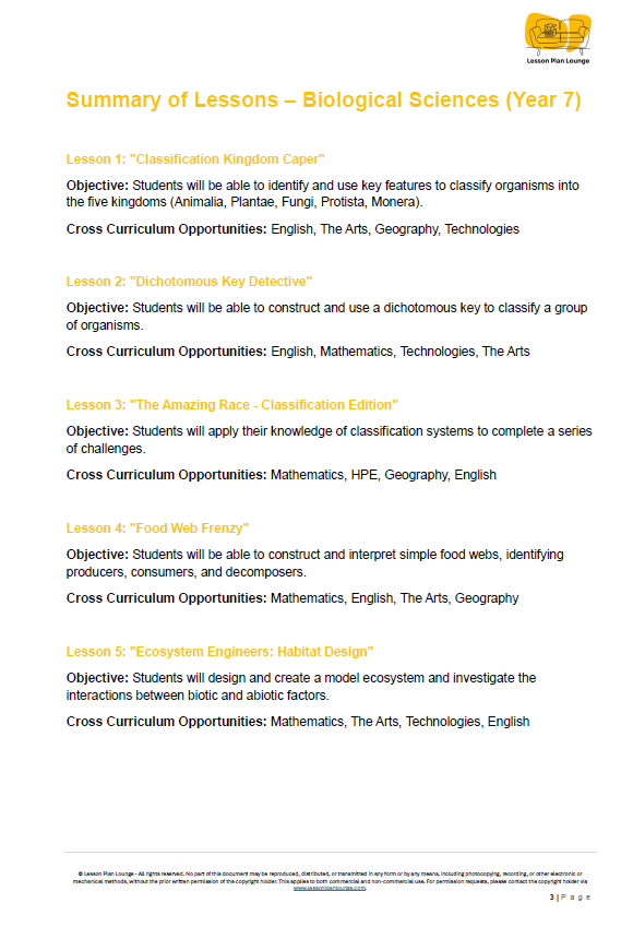 Summary of lessons for biological sciences in Year 7 with objectives and cross-curricular opportunities listed.